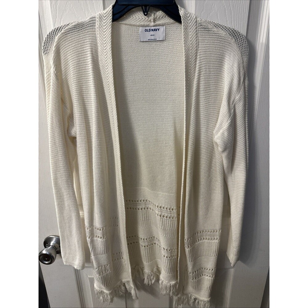 Old Navy Girls Fringe Hem Cardigan Sweater Ivory Cream Open Stitch Boho Layer L